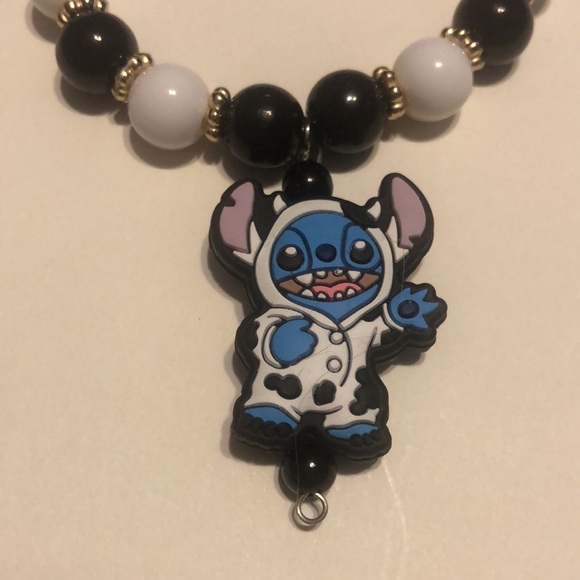 Stitch Blue Alien Stitch Cow With Costume Black And White Beaded Bracelet - Picture 3 of 11